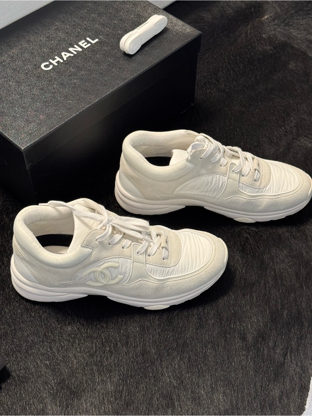 CHANEL White Suede CC Logo Tennis Shoes